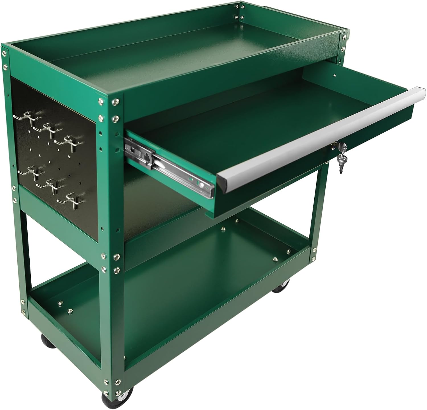 Tool Chest with Wheels, 3-Tier Rolling Tool Box with 1 Drawer & Hooks, Heavy Duty Utility Industrial Service Cart with Locking System Drawer for Garage, Warehouse & Repair Shop,Green