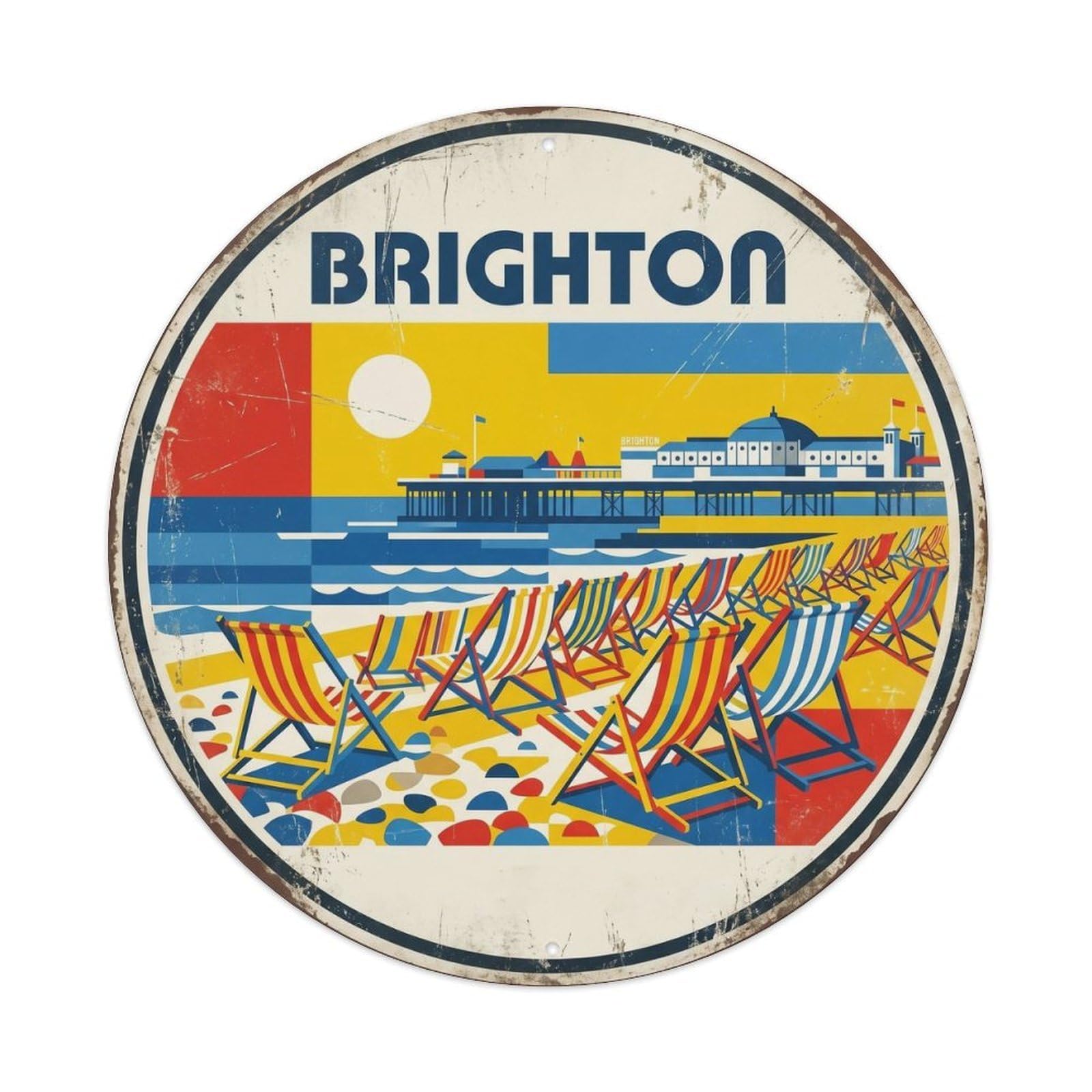 Brighton Beach Escape Cityscape Vintage Travel Map Cartography Metal Tin Sign Plaque Wall Decor for Cafe, Man Cave, Club Bar, Office, Home Garden Round Metal Poster 8x8Inch