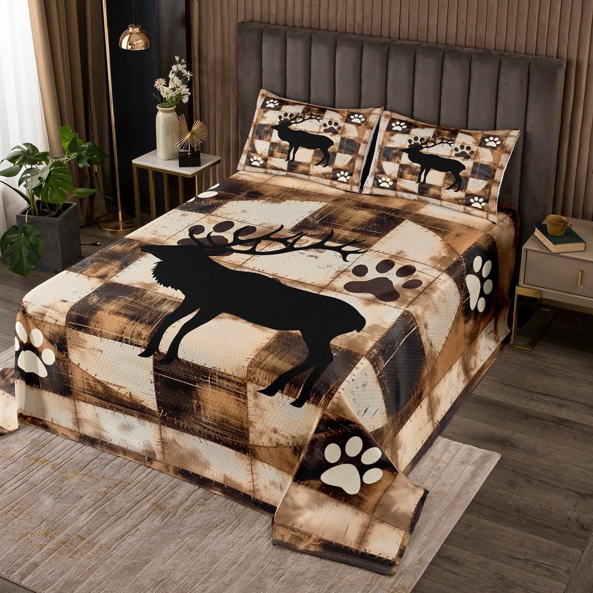 jejeloiu Rustic Bear Bedspread Wildlife Hunting Theme Bedspread for Kids Boys Girls Wild Animal Fur Coverlet Set Bear Paw Print Quilted Bedroom Collection 3Pcs Queen Size