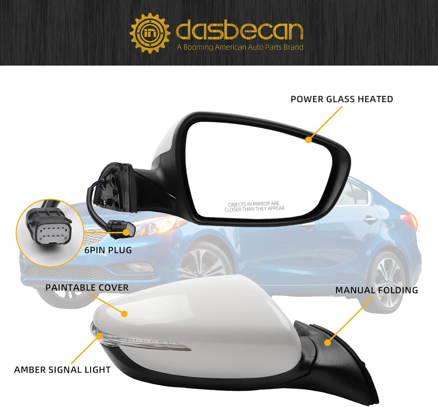 Dasbecan Right Passenger Side Mirror Compatible With 2013 2014 2015 Kia Forte Rear view Mirror DIY Paintable With Signal Light Heated,Power Glass Replace#KI1321182(6 Pins)