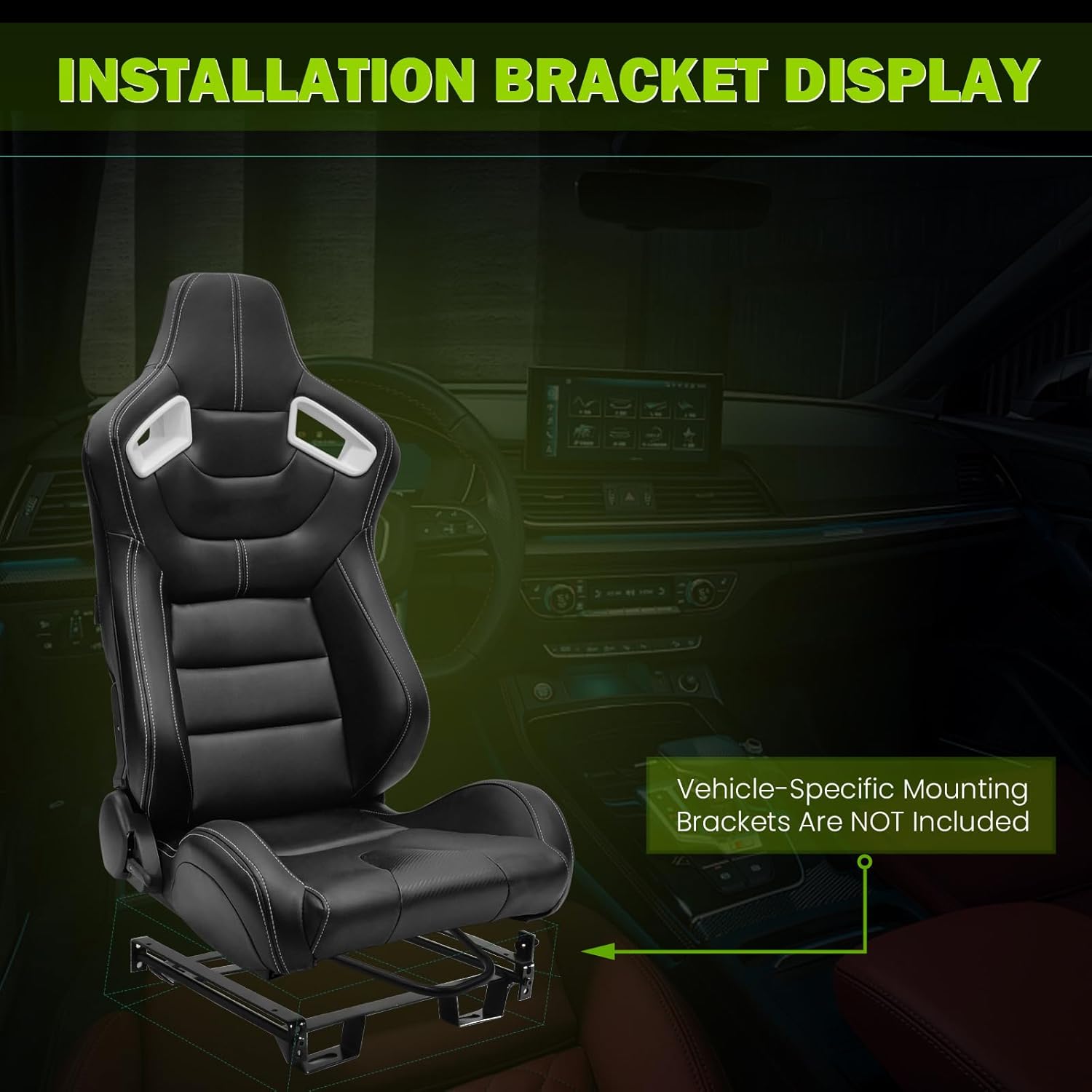 Universal Pairs of Racing Seat with Dual Sliders, PU Leather Front+Carbon Leather Back Reclinable Bucket Seat, Black+White Bezel White Stitch