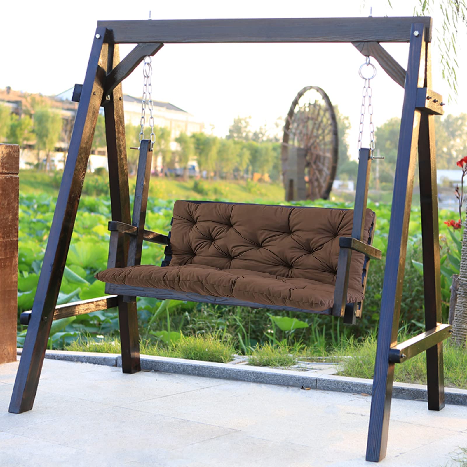 Porch Swing Cushions with Backrest, 2-3 Seater Waterproof Bench Pad Cushions, Thicken 4" Outdoor Swing Cushions, for Outdoor Patio Garden Furniture (59x40in, Coffee) (SWING SOLD SEPARATELY.)