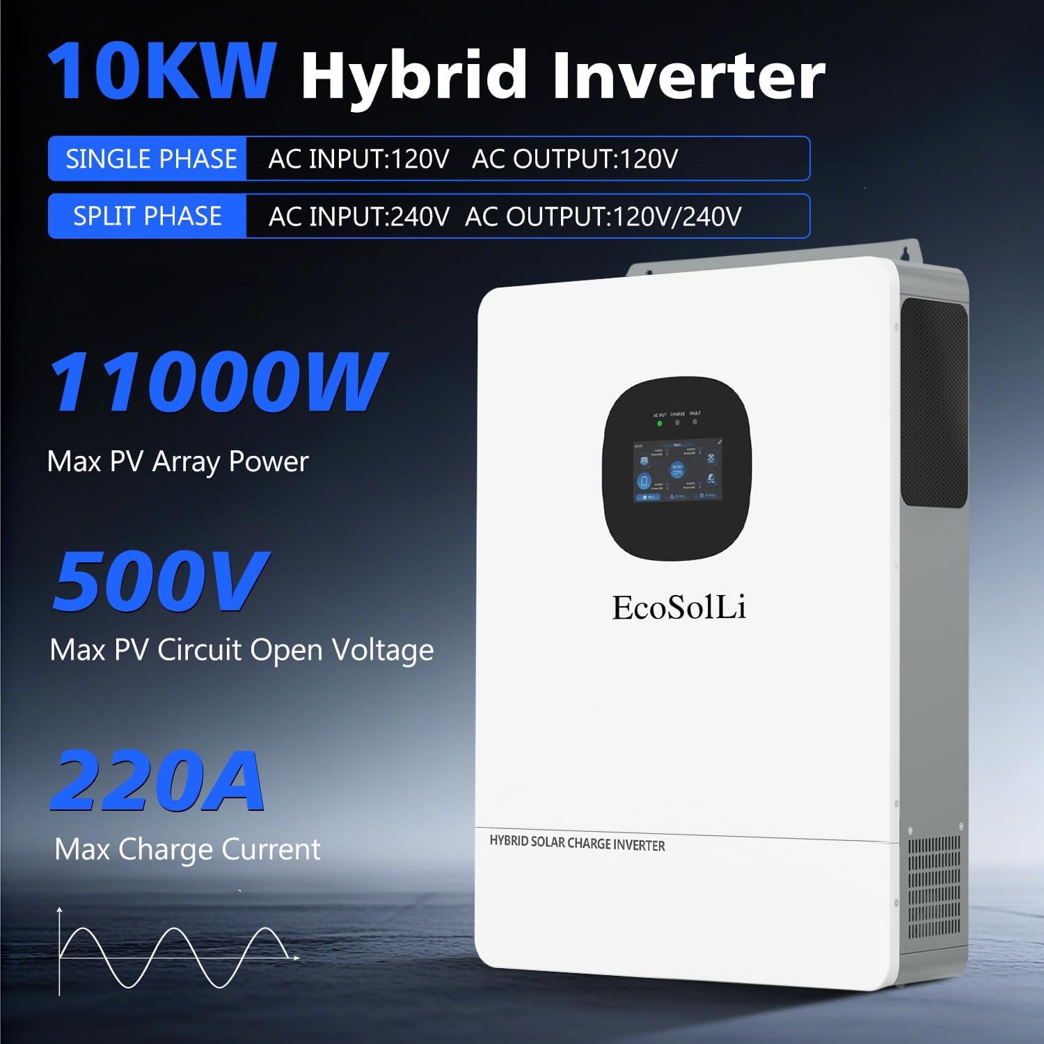 10000W Hybrid Solar Inverter，48V DC to 110V/240V(settable) AC Split Phase Solar Inverter,UL1741, Pure Sine Wave Inverter Built-in 2 MPPTs Max 220A Battery Max. 6 Parallel for Home, RVs, Lead Acid/Li