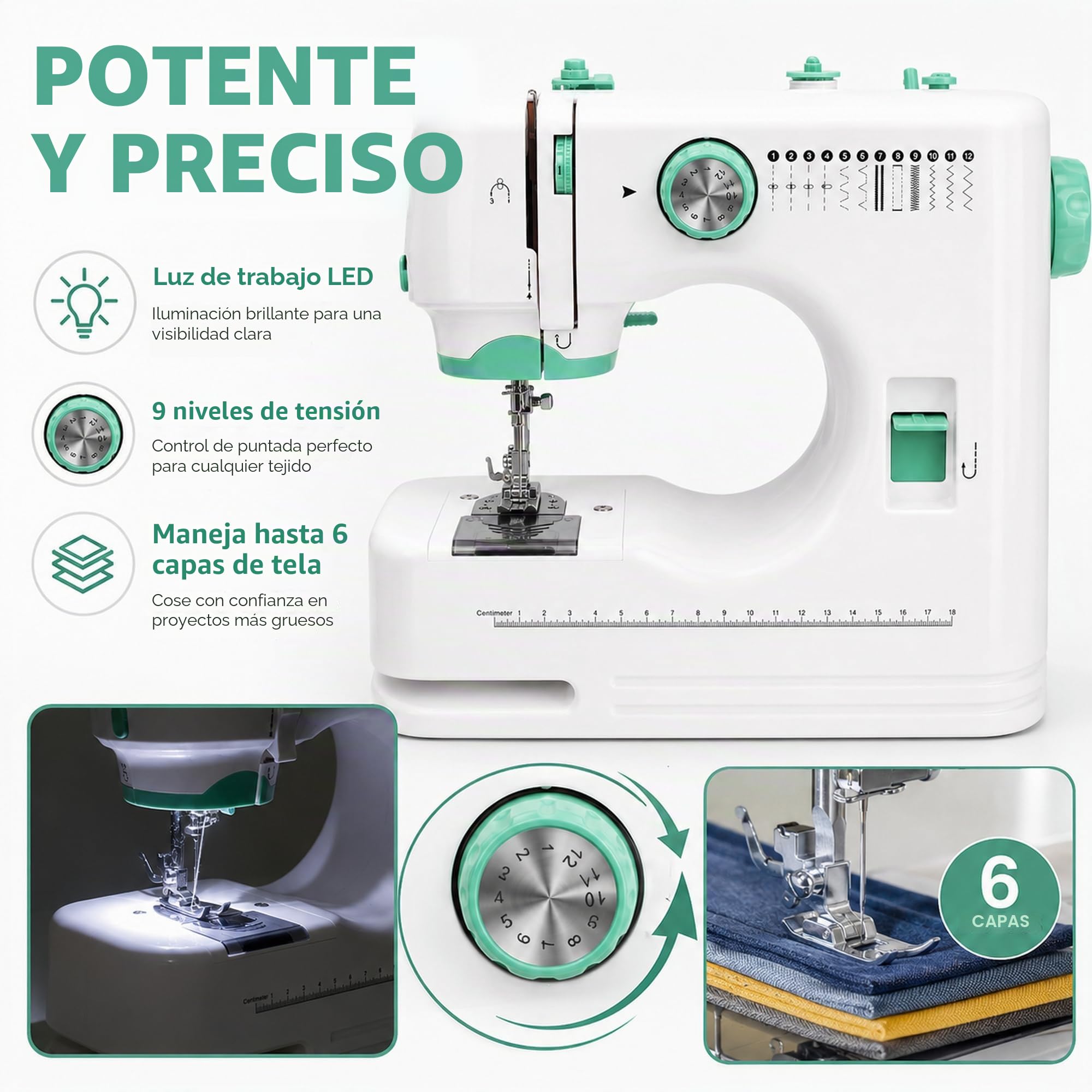 Pequeña máquina de coser eléctrica portátil para principiantes, 12 programas de costura, iluminación LED, juego de accesorios de 42 piezas, ideal para viajes