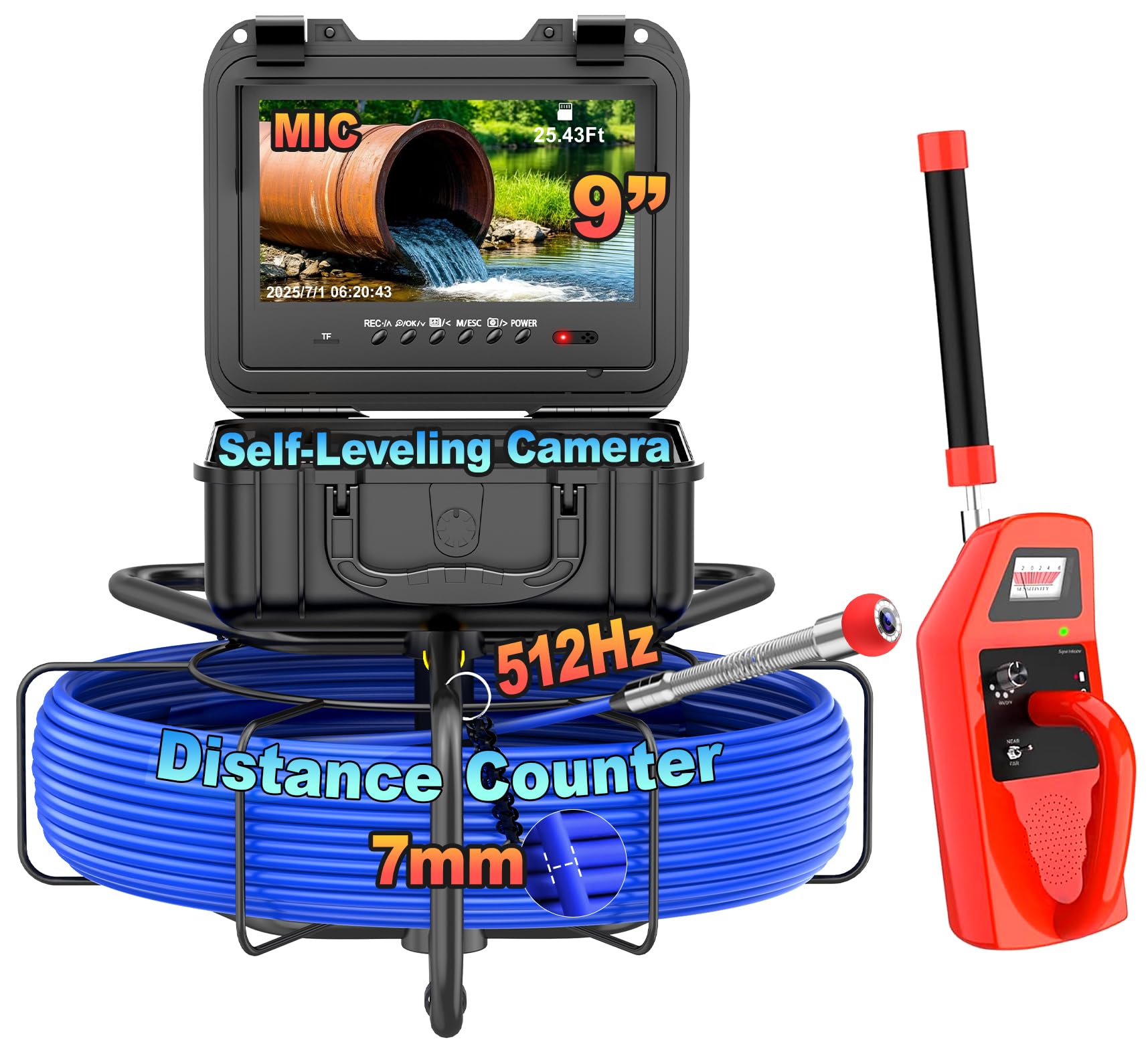 anysun Anysun - Cámara de alcantarillado con localizador, contador de distancias, autonivelación, cable de 7 mm de diámetro, micrófono/DVR, cámara de inspección de tuberías de 165 pies/50 m, cámara de