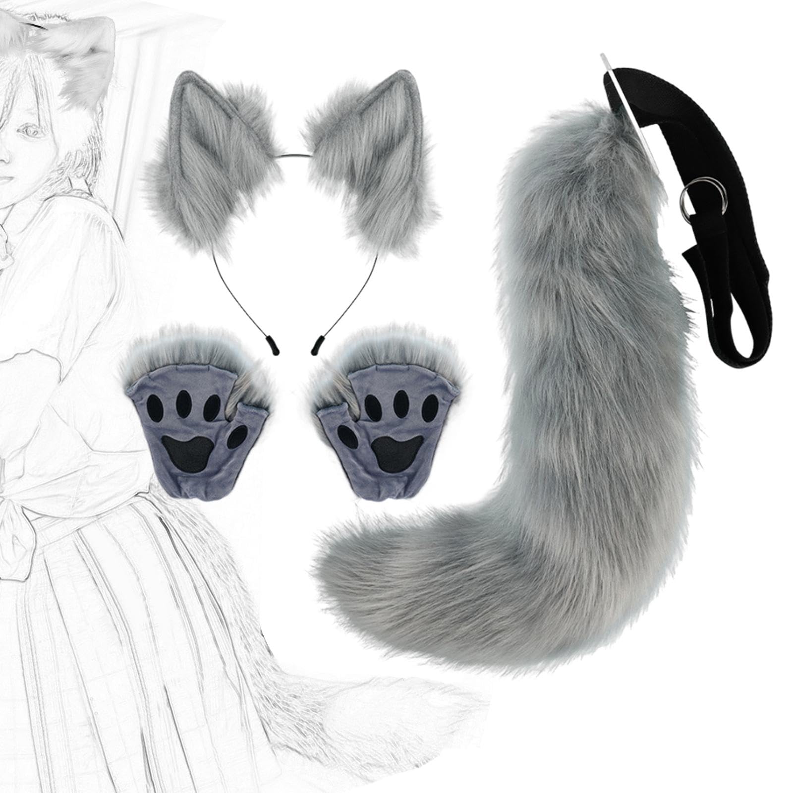 Ensemble Oreilles et Queue d'animal, Coiffe, Oreilles en Peluche, Bandeau pour Les Fêtes et Les Anniversaires, Gris