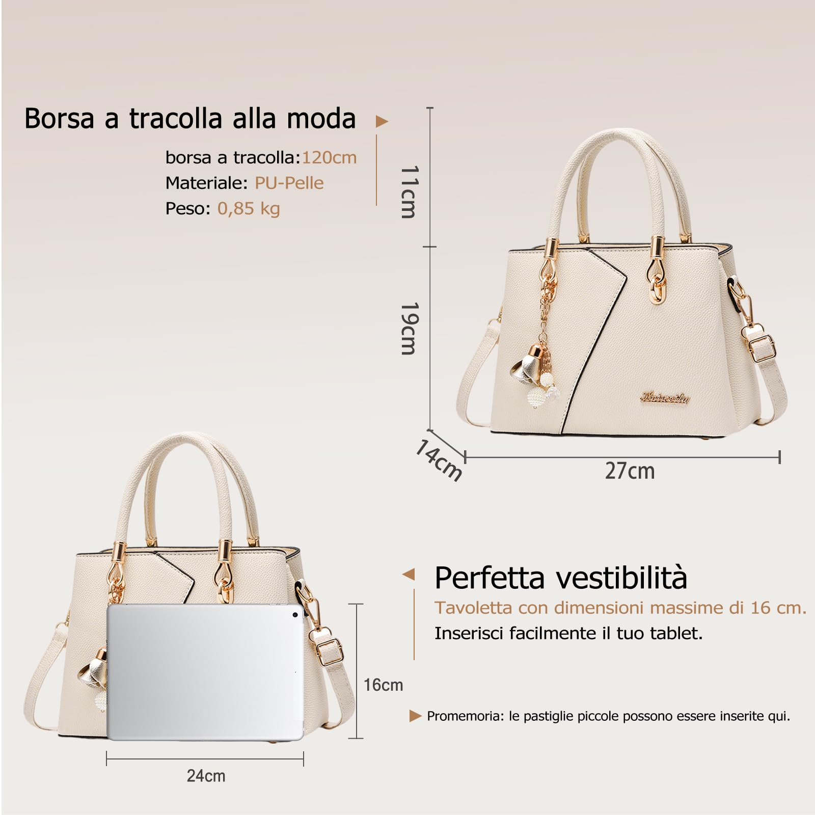 FANDARE Borsa a Tracolla da donna Multitasche Borsa a Mano PU Pelle Borse Tote Impermeabile Borse a Spalla per Shopping Viaggio Lavoro Incontri Beige