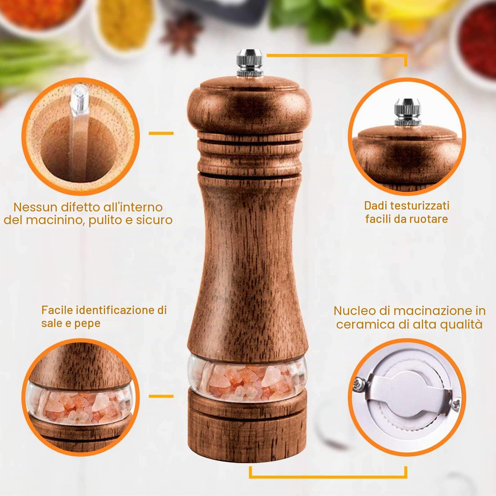IAGORYUE Macina Sale e Pepe,Macinino Manuale per Pepe e Sale,Macinapepe Manuale per Legno con Grinder Regolabile in Ceramica(6.5 inch 2 Pack)