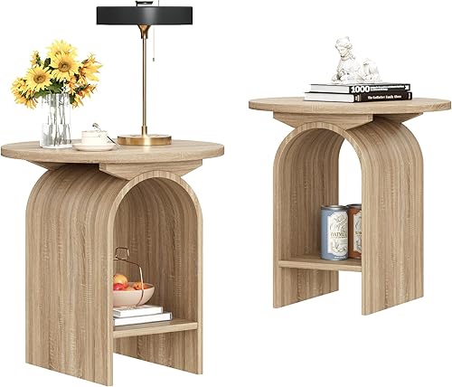 Juego de 2 mesas auxiliares, mesa auxiliar redonda para sala de estar, mesa auxiliar de 2 niveles con almacenamiento y mesa gruesa, mesa central