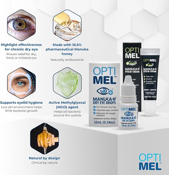 Optimel Manuka Honey Eye Drops Twin Pack - 2X 10ml Dry Eye Treatment & Relief - Blepharitis, Corneal