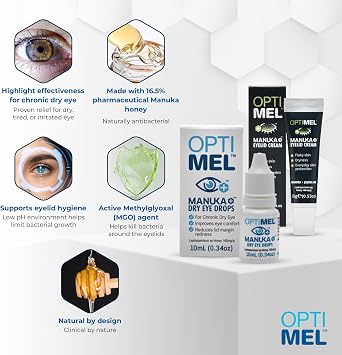 Optimel Manuka Honey Eye Drops Twin Pack - 2X 10ml Dry Eye Treatment & Relief - Blepharitis, Corneal