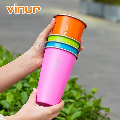 Miniatura 7 de VINUR Vasos de acero inoxidable de 20 onzas, paquete de 4 vasos apilables de metal para viajes, campamento, exteriores (azul cielo, naranja, rosa