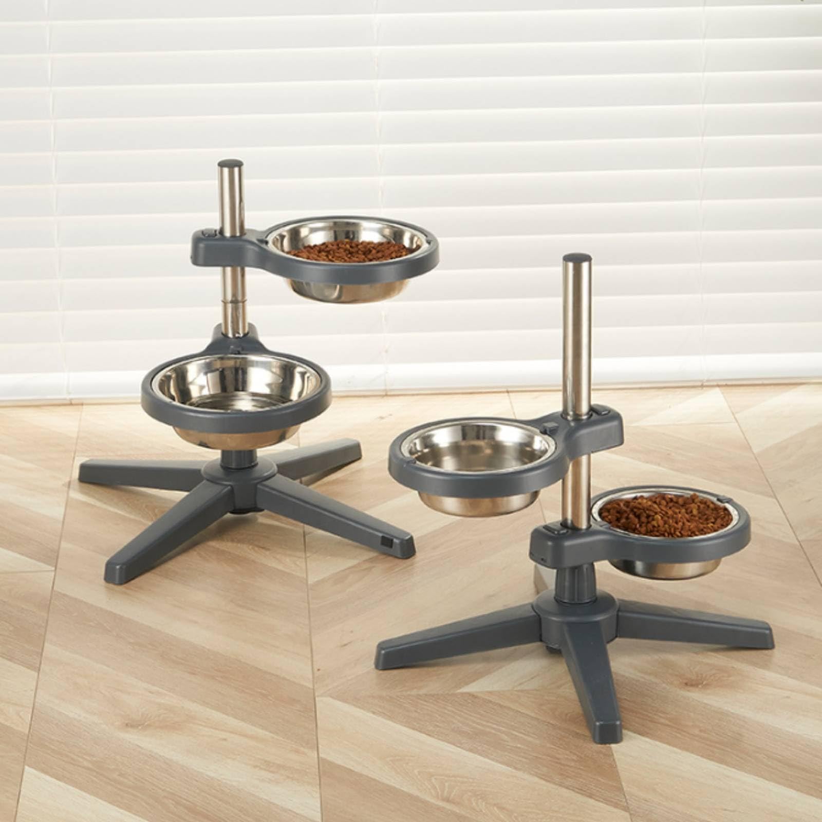 Comedero Elevado para Perros y Gatos Alimentador Ajustable con Dos Platos Soporte Metálico Vertical Estable Bowls de Acero Inoxidable Extraíbles, Gris Oscuro, Grande 21cm