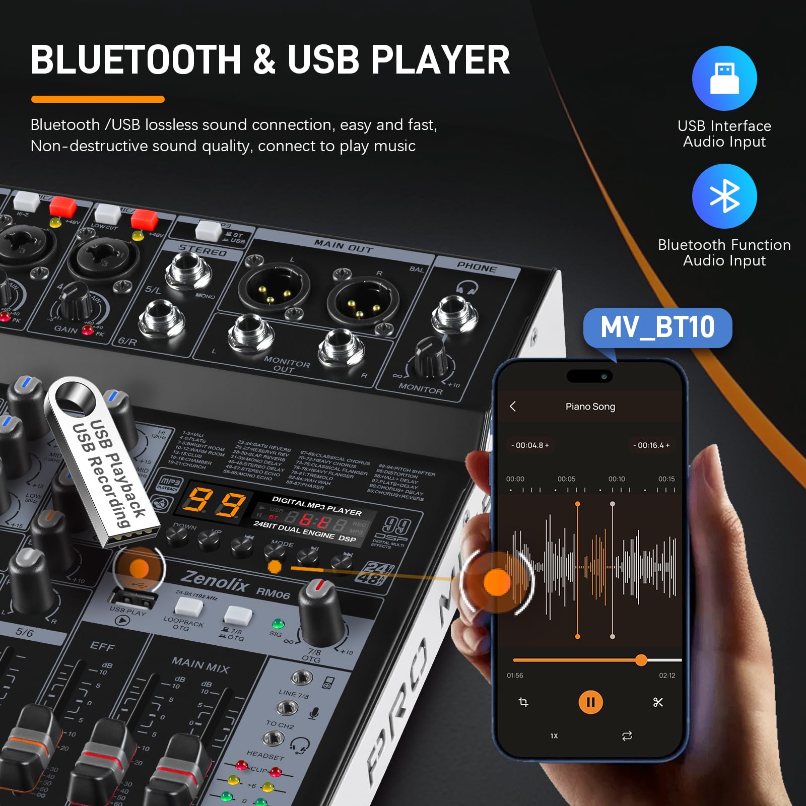 RM06 6-kanałowy mikser audio, płyta dźwiękowa, mikser Bluetooth, interfejs audio USB, mikser DJ z 2 wejściami XLR, nagrywanie 24-bitowe 192 kHz, konsola miksująca do podcastów na żywo do