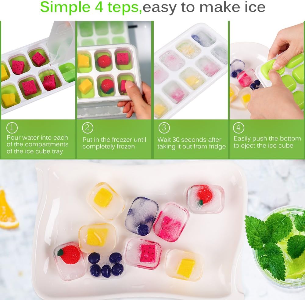 Kootek 4 Pack Silicone Ice Cube Trays with Lid - Flexible 56-Ice Cubes Molds Easy Release Ice Trays with Spill-Resistant Removable Cover, Dishwasher Safe and Stackable Durable (Green)