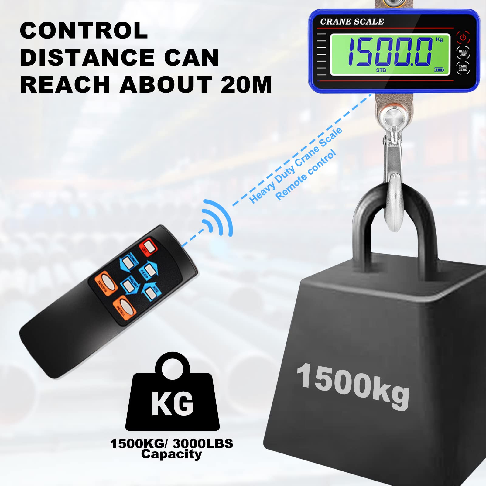 Bilancia a Gancio Digitale 1500KG, Bilancia a Sospensione con Telecomando, Bilancia per Gru Elettronica, Sospesa Scala Bilancia Dinamometro con Gru, Industriale Bilancias Portatile con Display LCD