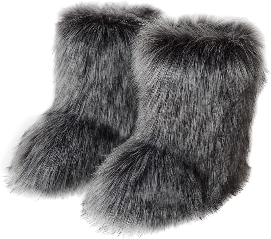 Women’s Faux Fur Boots Mid-calf Furry Snow Boots Flat Fluffy Warm Lined Winter Shoes Outdoor Indoor