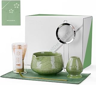 ZENS Matcha Whisk Set, 6Pcs Matcha Kit Set Includes Ceramic Bowl, Bamboo Whisk and Chasen Holder,Scoop, 304 Stainless Sifter & Tea Mat, Matcha Set for Tea Ceremony, Blue