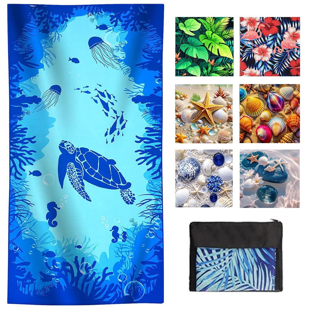 JAODFK Microfibre Beach Towel 71"X32" Quick Dry Lightweight Sand Free Large Thin Towels Travel Essentials For Adults Womens Swim Bath Accessories Mats Holiday Must Haves Sea Blue Turtle — image 1