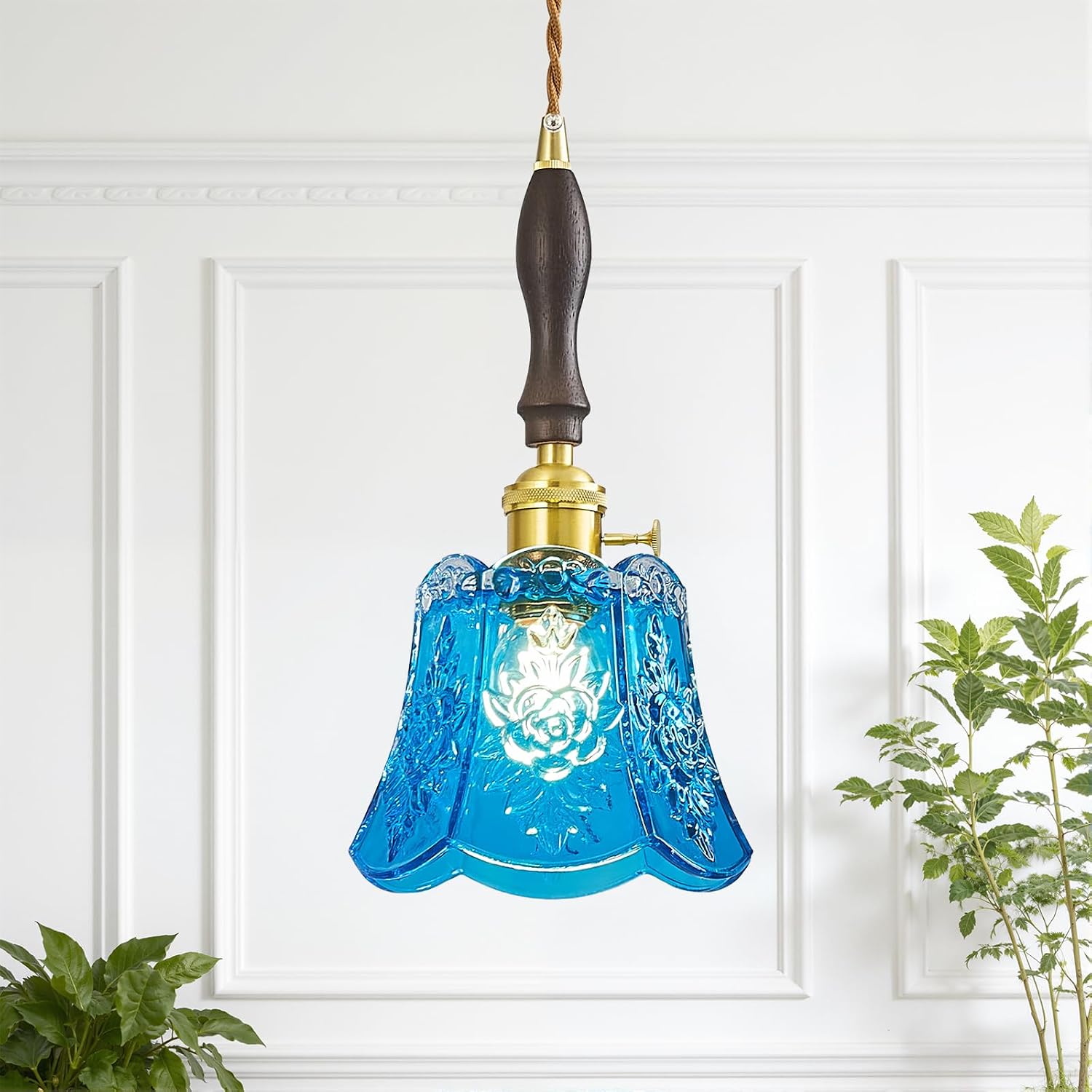 Modern Blue Pendant Light Brass Finish Hanging Lamp Fixture with Patterned Glass Shade & Walnut Wood Accent Vintage Hanging Lamp for Kitchen Island Dining Room Bedroom (1 Pack)