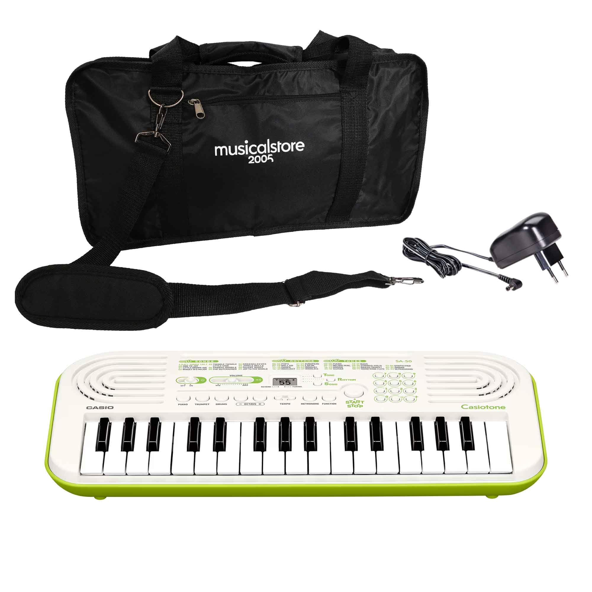 Kit Tastiera SA-50, Borsa e Tracolla e Alimentatore Compatibili, Mini Tastiera 32 Tasti Polifonica 8 Voci, Nero/Bianco - Perfetto per Bambini e Studenti