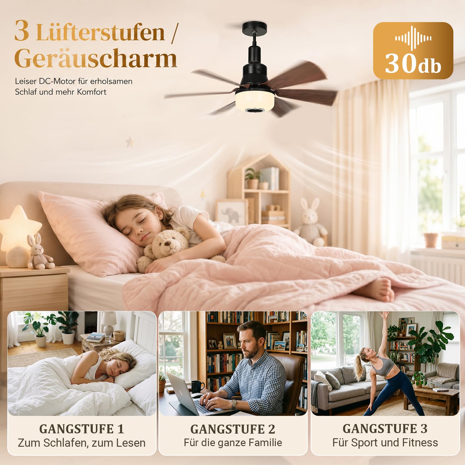 Deckenventilator mit Beleuchtung und Bluetooth Lautsprecher, Ø52cm E27 Klein Sockel Ventilator Lampe mit Fernbedienung RGB Dimmbar Höhen Verstellbar Schwenkbar für Schlafzimmer Kinderzimmer Küche