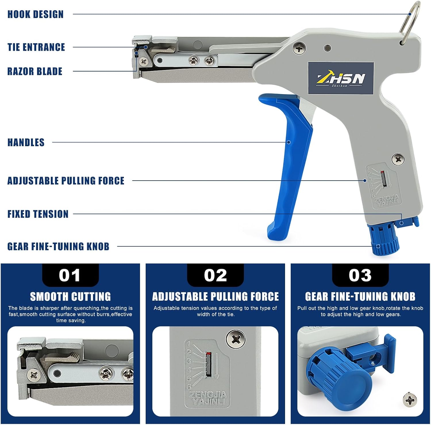 Zhushan Cable Tie Gun Tool – Durable, Low-Effort Design with Adjustable Tension, Fast & Easy Zip Tie Cutter for Nylon Cable Ties