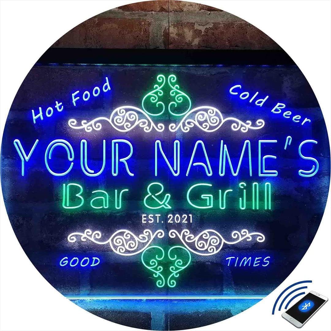 Personalized Bar & Grill Beer Tri-Color LED Neon Light Sign Customize Name Date Text Quote Font White & Green & Blue 17.7 x 13.6 Inches st9s43-u2-tm-wgb