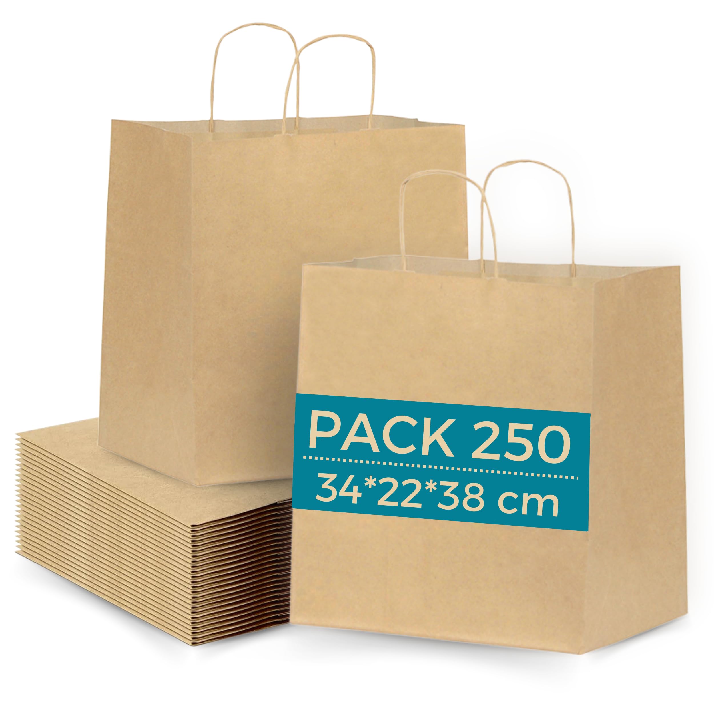 250 toreb papierowych Kraft 34 x 22 x 38 cm z uchwytami | Torba Take Away: Torba na żywność na wynos | Torba na prezent na Boże Narodzenie
