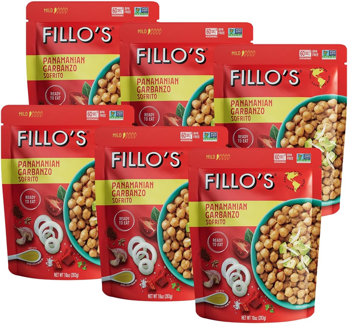 Fillo's Panamanian Garbanzo Beans, Ready to Eat Beans, 10 oz Pk of 6, Gluten-Free, Preservative-Free, Microwavable Meals, Non-GMO, Vegan, Plant Protein