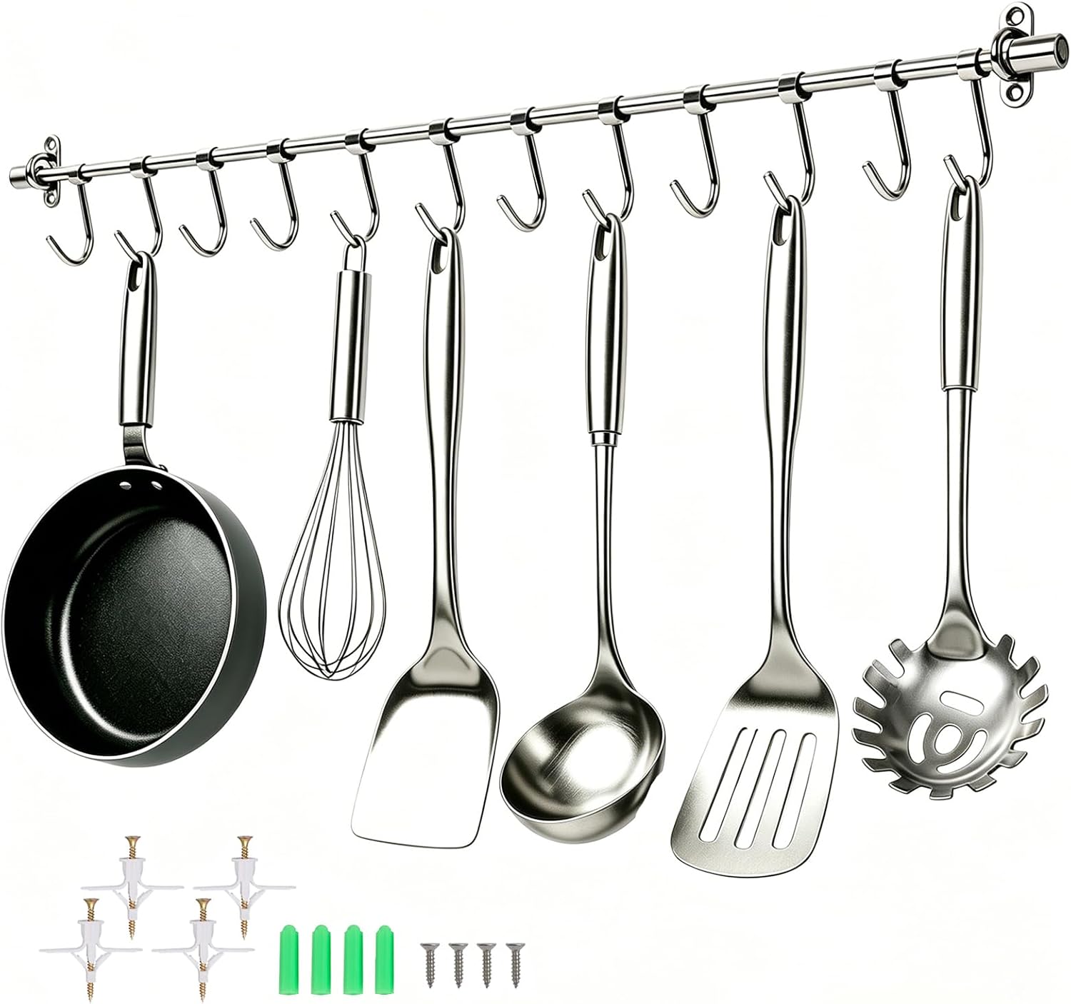 27.6" Kitchen Utensil Rack with 12 Sliding Hooks, 304 Stainless Steel Kitchen Rail with Hooks, Utensil Hanging Rack Wall Mounted, Pots and Pans Hanging Rack 1 Pack