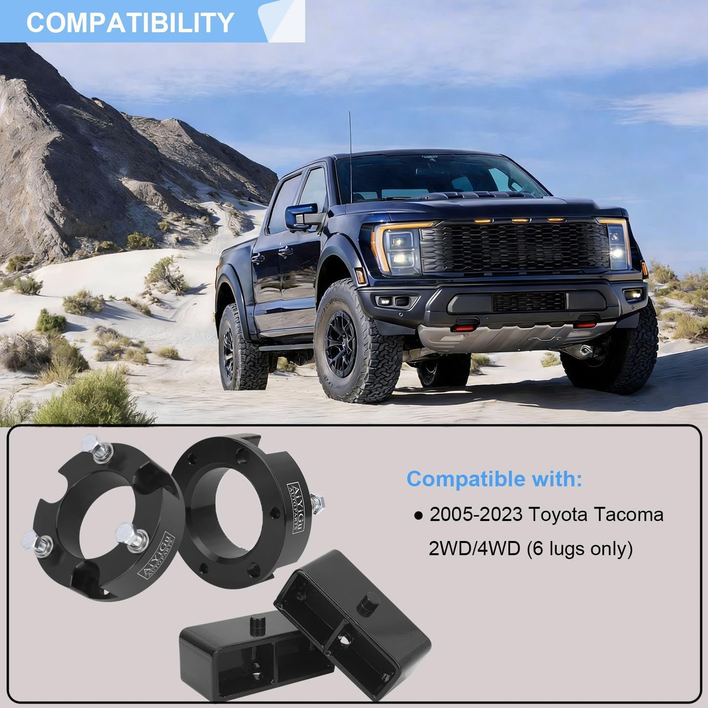 3 Inches Front & 2 Inches Rear Leveling Kit Compatible with 2005-2023 Toyota Tacoma 2WD/4WD, 3'' Front Struct Spacers & 2'' Rear Lift Blocks Kit Extended Square U-Bolts, 3"+2" Height