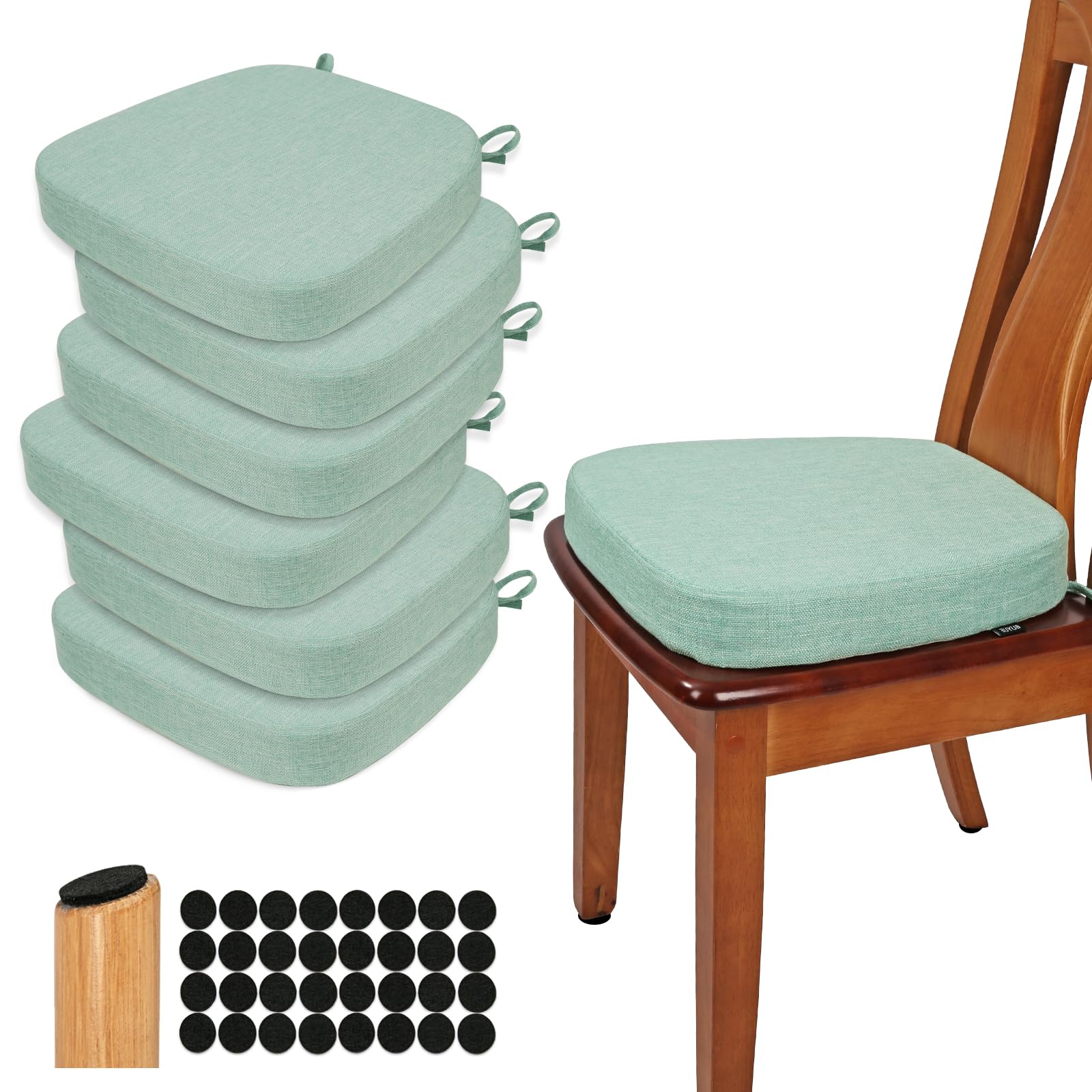BUYUE Stuhlkissen 6,5 cm dick, U-Form Sitzkissen 40x40 cm mit hochdichtem Schaumstoff, Stoffbezug, rutschfestes Sitzpolster für Küche und Esszimmer (6 Stück, Hellgrün)