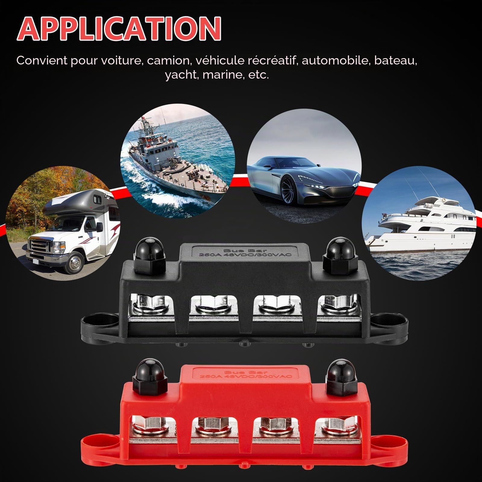 Barre de Distribution D'alimentation 12V-48V 250A 4 Goujons M8 5/16 3 Bornes à Vis M4 Bus Bar Bornier Bloc Distribution D'énergie avec Couvercles pour Voitures, Bateaux, Yachts (Rouge, Noir)
