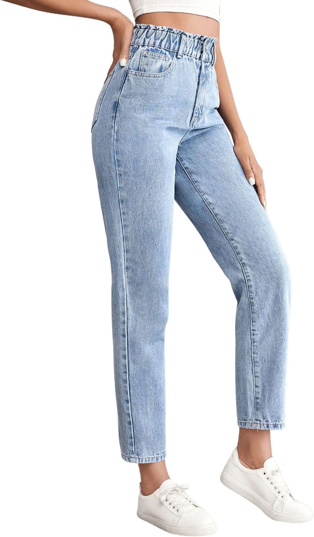 SweatyRocksWomen's Casual High Elastic Waist Tapered Mom Jeans Cropped Denim Pants