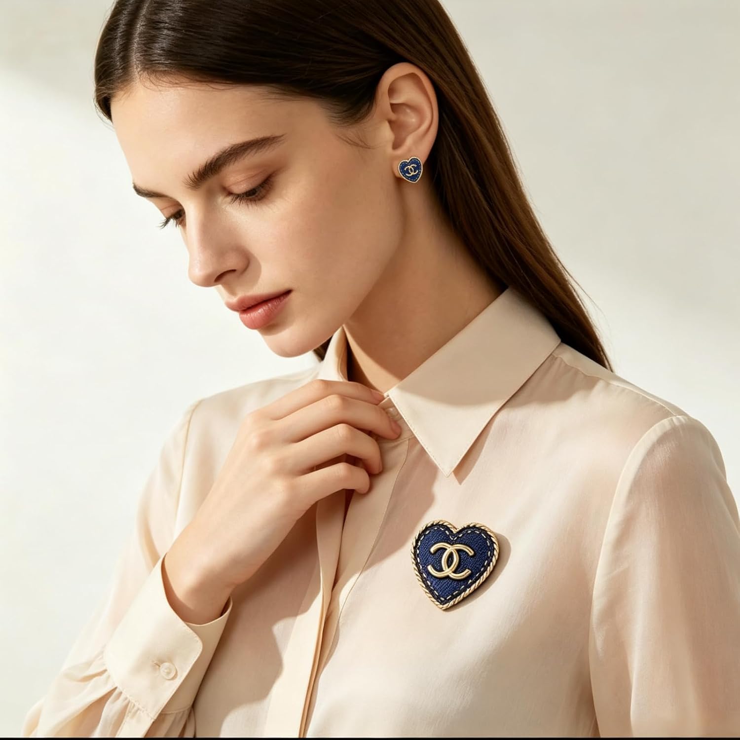 1 Pair Heart Stud Earrings & 1 Brooch Pin Set Navy Blue Denim Texture Gold Trim Jewelry