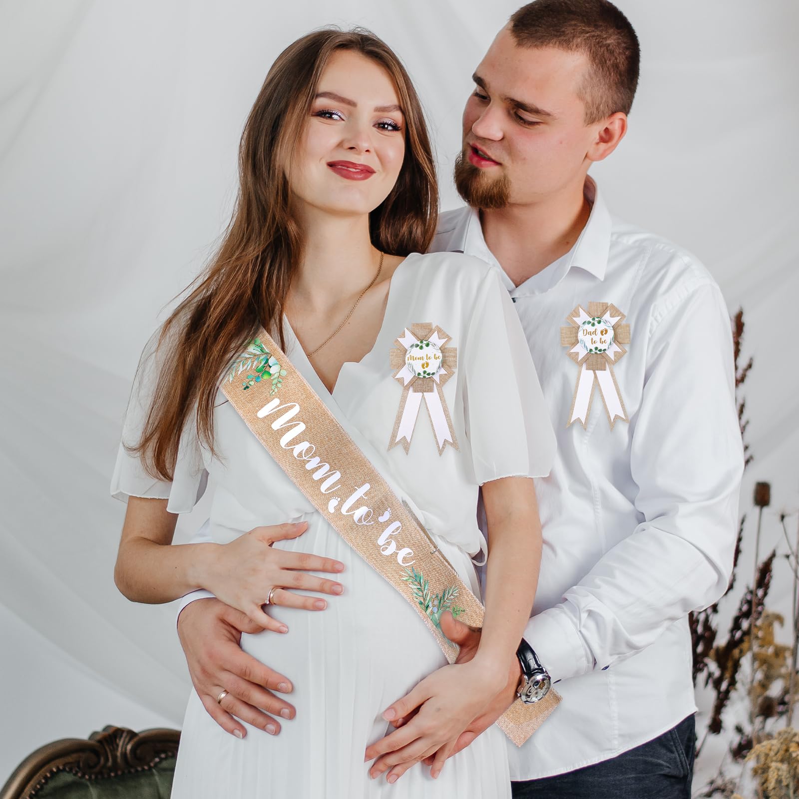 Pościel 'Mom to Be' szarfa zestaw baby shower dekoracje jutowe mama to be szarfa tata to be pin baby shower szarfa dla ciężarnej mamy prezent dekoracje imprezowe