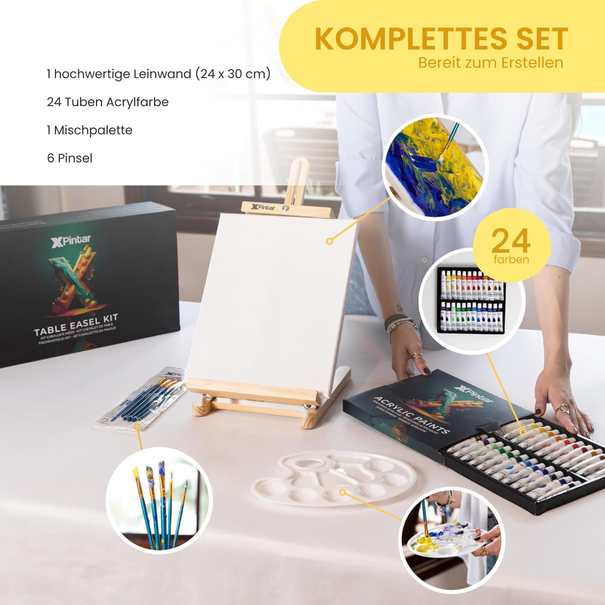 Acrylfarben-Set, 33-teilig, mit Staffelei aus Holz, 24 Tuben mit Acrylfarben, lebendige Farben, 12 ml, mit Leinwand zum Bemalen von 24 x 30 cm, plus 6 Pinsel und Palette
