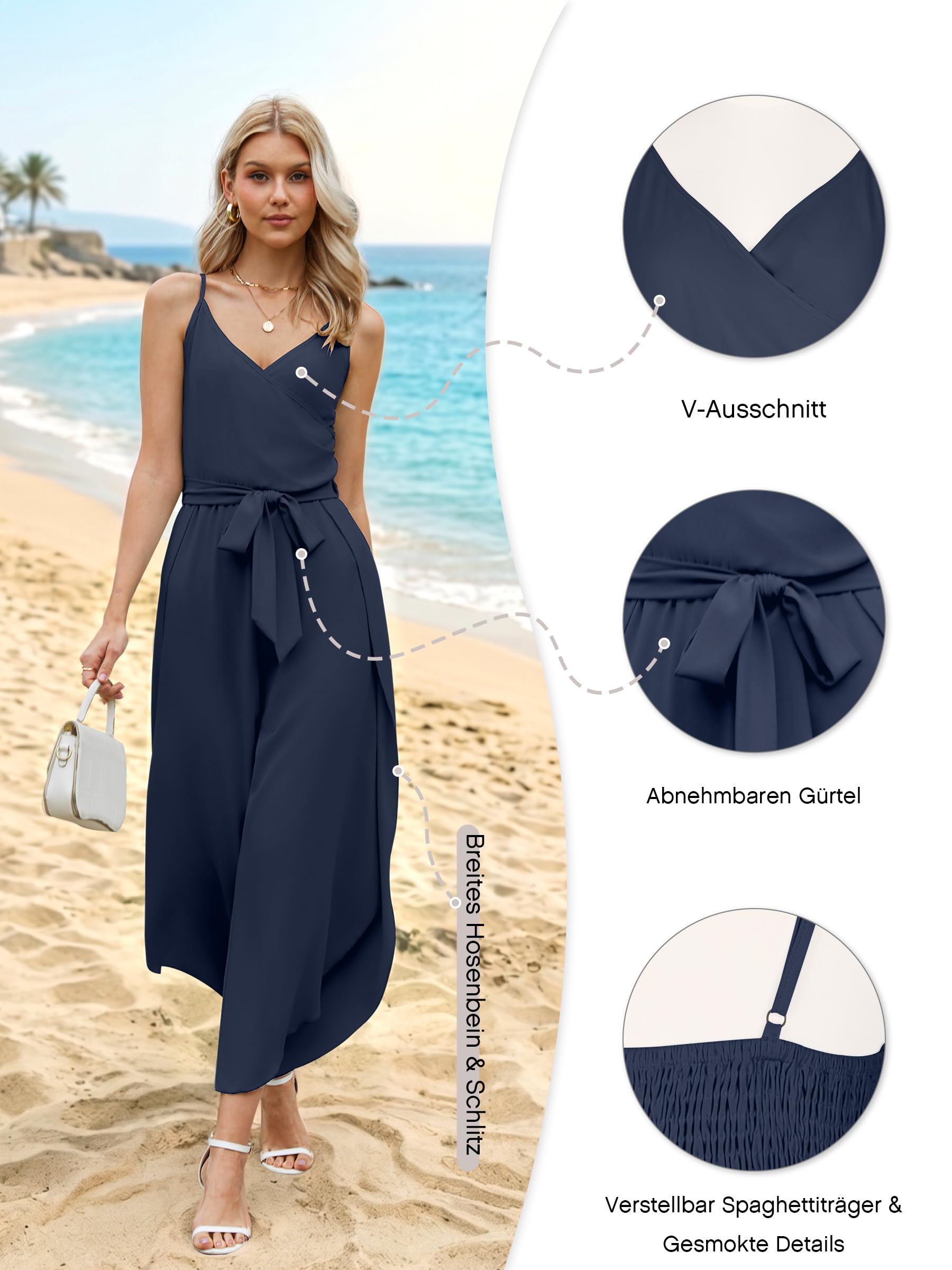 Theenkoln Jumpsuit Damen Sommer Lang: Sexy Cocktail Elegant Mode Gürtel Overall Hochzeit Hawaii Urlaub Strand V-Ausschnitt Hosenanzug Business Baggy Festlich Rüschen Spaghettiträger Outfit