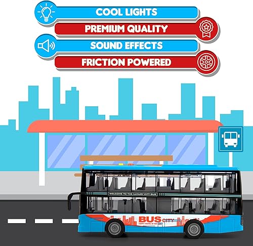 Miniatura 3 de ArtCreativity Juguete de autobús de dos pisos con luces y sonidos, autobús de juguete alimentado por fricción para niños con luces de techo