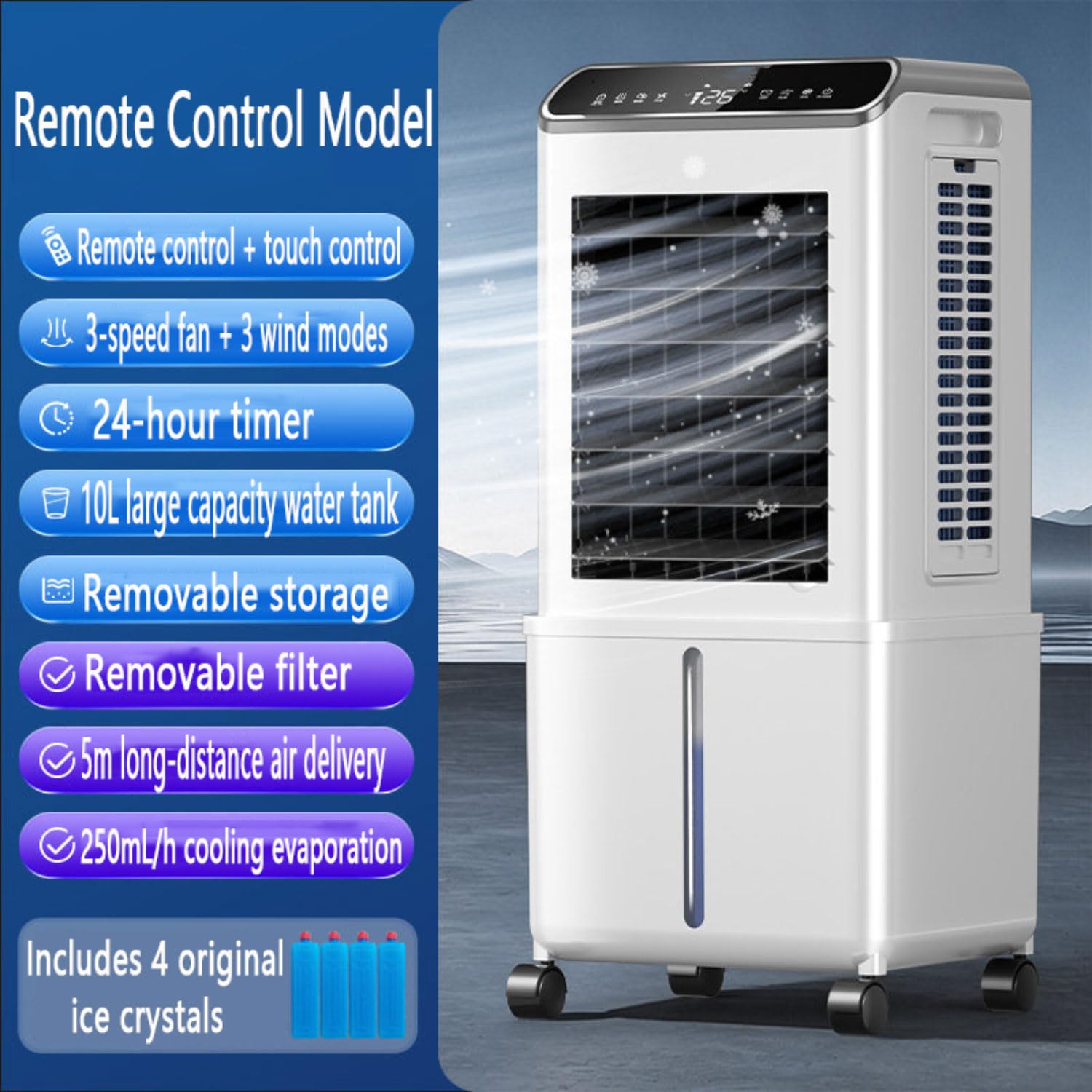 Condizionatore d'aria portatile, raffreddamento evaporativo con 3 velocità della ventola, serbatoio da 10 l, oscillazione 90°, timer 24h, display a LED, ventola di raffreddamento per camera da letto
