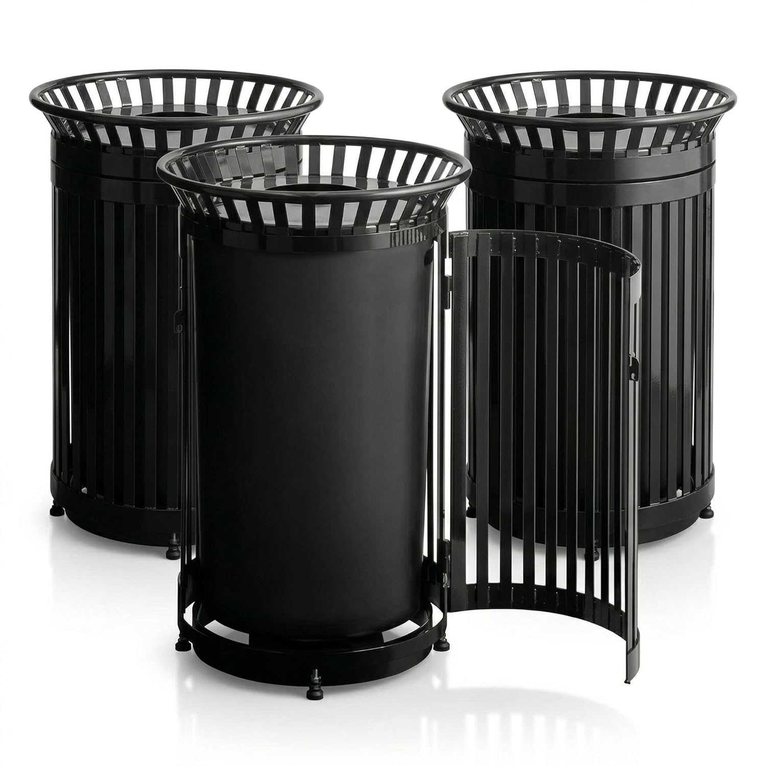45 Gallon Commercial Heavy-Duty Trash Can - Black Outdoor Steel Slatted Waste Receptacle with Flat Lid, Front Access Door, and Rigid Plastic Liner, Round Bin for Parks, Schools, and Municipalities