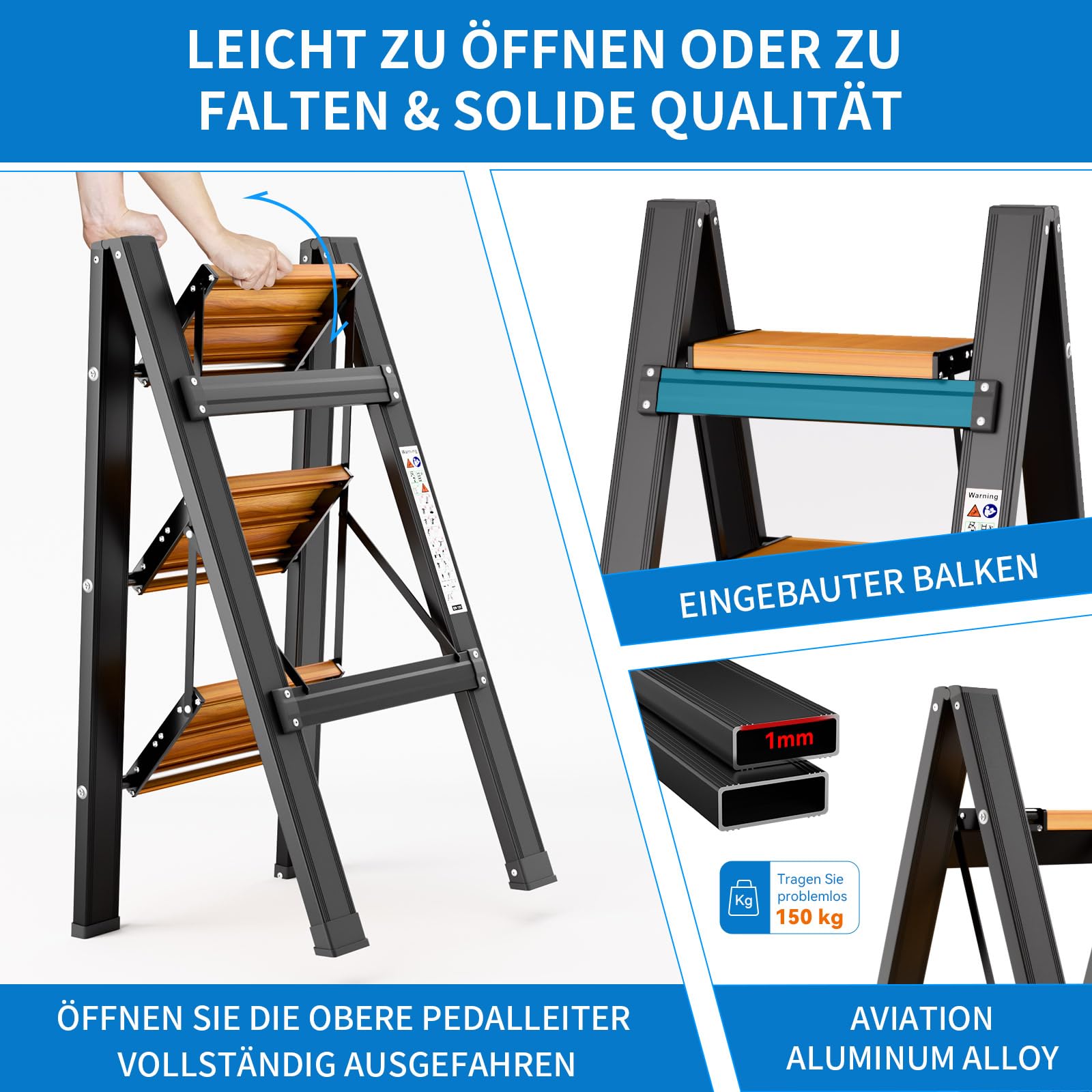 KULACO Escalera de Tijera Plegable de 3 peldaños, Escalera Plegable de Aluminio, Escalera Antideslizante para el hogar, Escalera de Tijera Ligera hasta 150 kg para el hogar, la Oficina, el Garaje