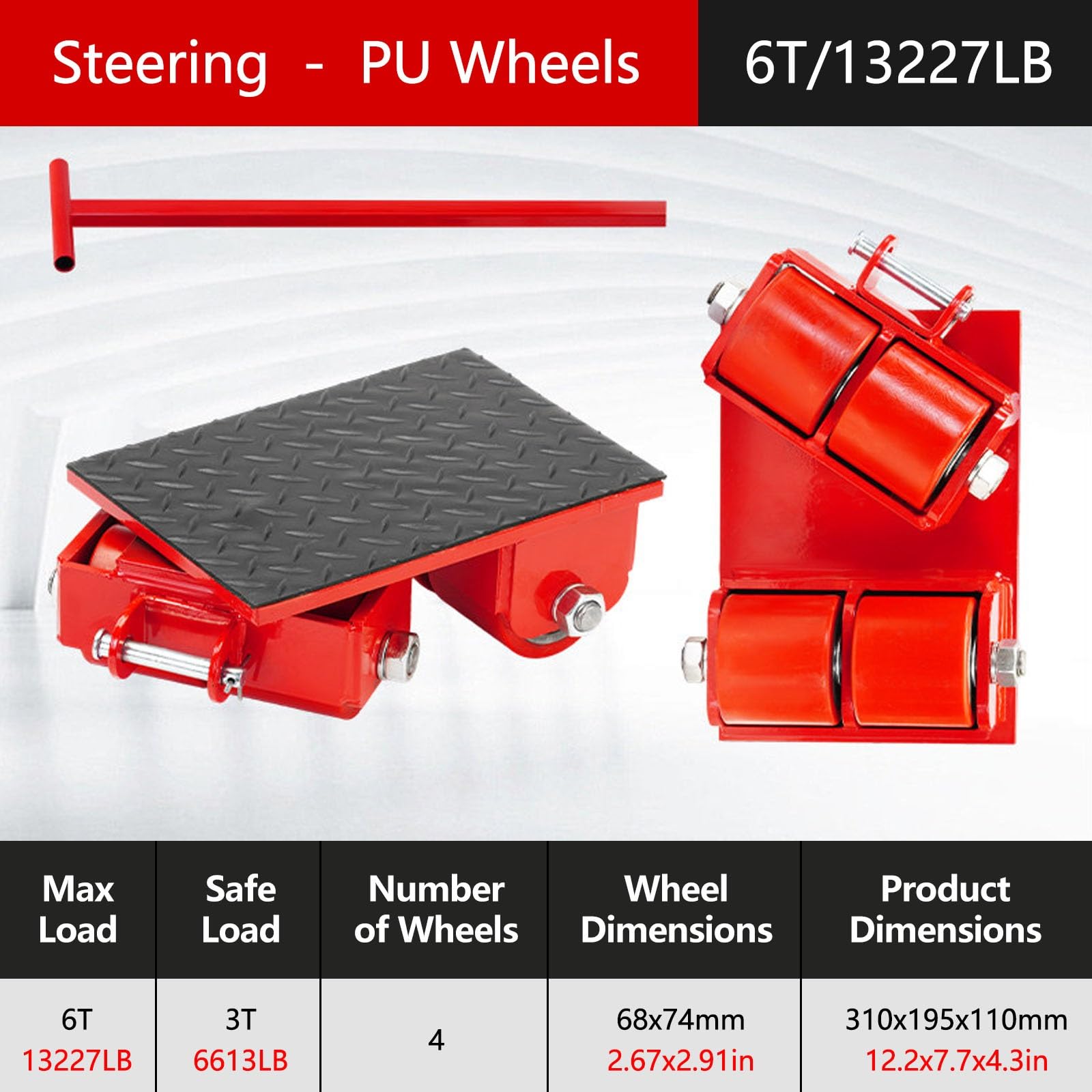 Carrello a Pattini per Macchinari per Impieghi Gravosi con 4 Ruote in PU, Pattini per lo Spostamento di Attrezzature Industriali da 6T(PU Wheels)