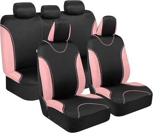 Fundas para asientos de tela color negro y rosa, se marca en opción de banca; conjunto completo