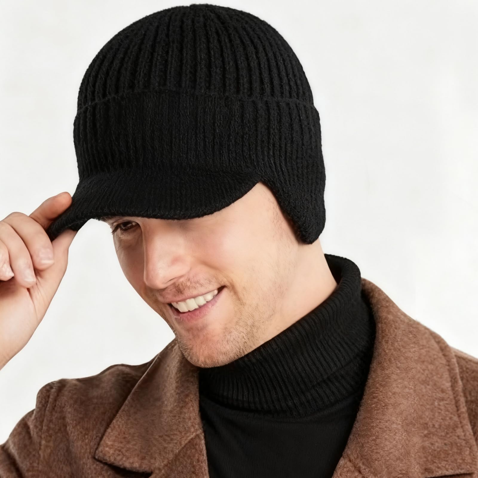 Gorro Invierno Hombre con Orejeras, Gorro de Invierno con Paraguas Gorro de Punto con Forro Polar Accesorios para Deportes Al Aire Libre