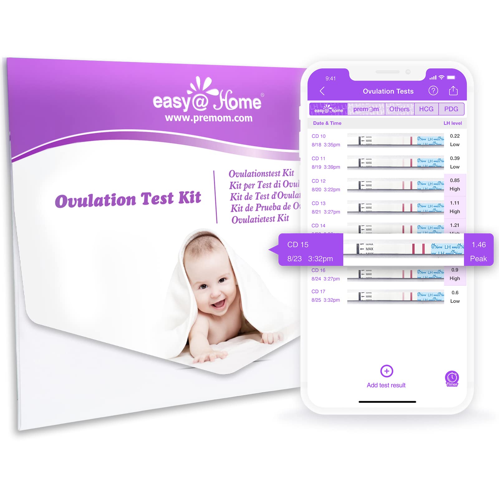 Easy@Home Test Ovulazione 25mIU/ml, Accuratezza Oltre il 99.8%, Monitoraggio Attendibile del Ciclo e del Periodo Fertile, Alimentata da gratuita Italiana APP Premom(iOS & Android) (20 LH + 5 HCG)