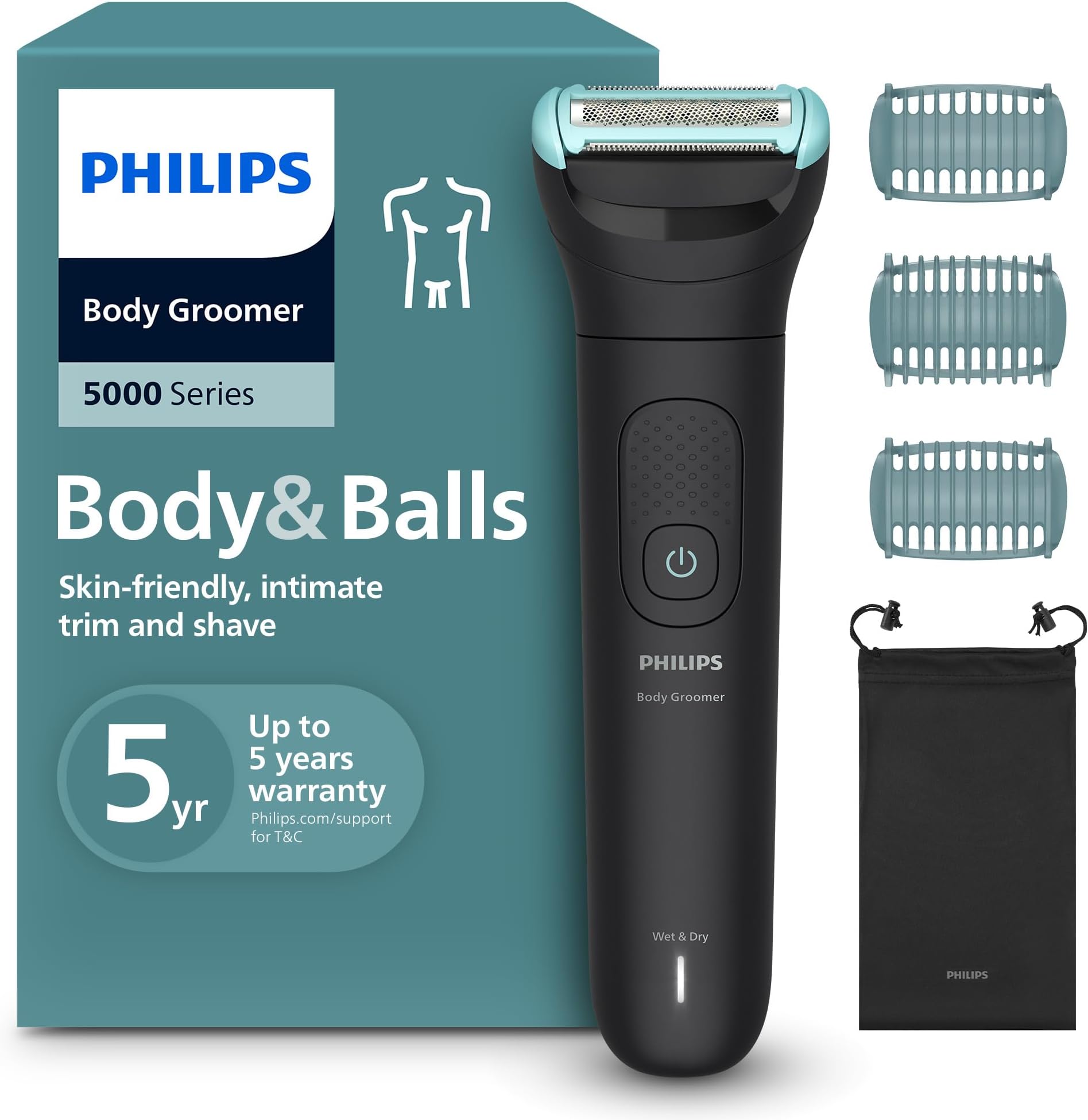 Philips Body Groomer 5000 Series - Trimmer for Men with Triple Protect Shave System, Intimate Trim & Shave, 100% Showerproof, 100 Min. Runtime, Model BG5470/15