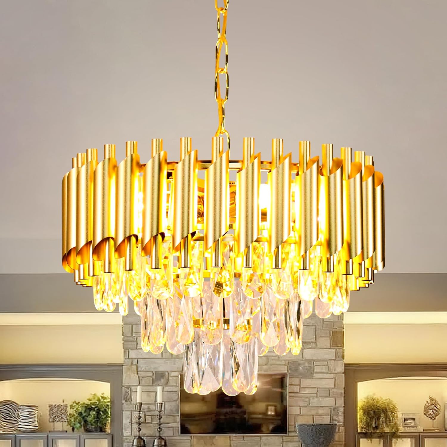 FRIXCHUR 16-Inch Modern Gold Crystal Chandelier, Ceiling Light Fixture, Adjustable Pendant Light – Suitable for Dining Room, Foyer, Kitchen and Bedroom