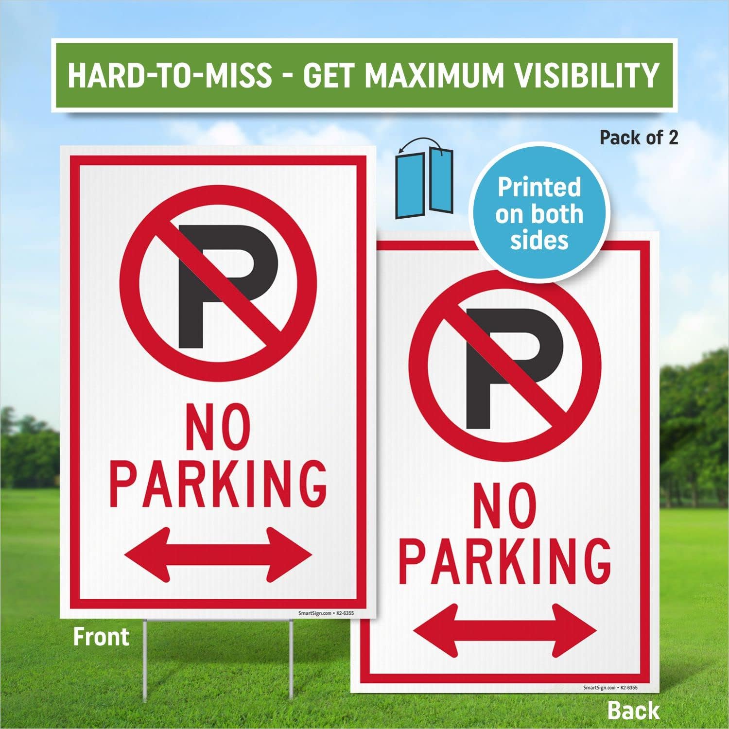 SmartSign 12" x 18" (2-Pack) No Parking Yard Sign with 15" tall Metal H-Stake, Double-Sided, Large 160 mil Thick Corrugated Plastic Lawn Signs, Water Resistant